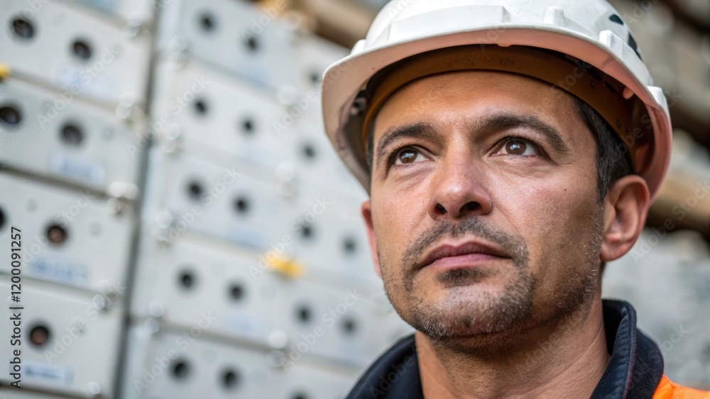 Poster Closeup of a workers face focused and determined juxtaposed against a backdrop of partially assembled modules capturing the dedication and concentration required in the job.