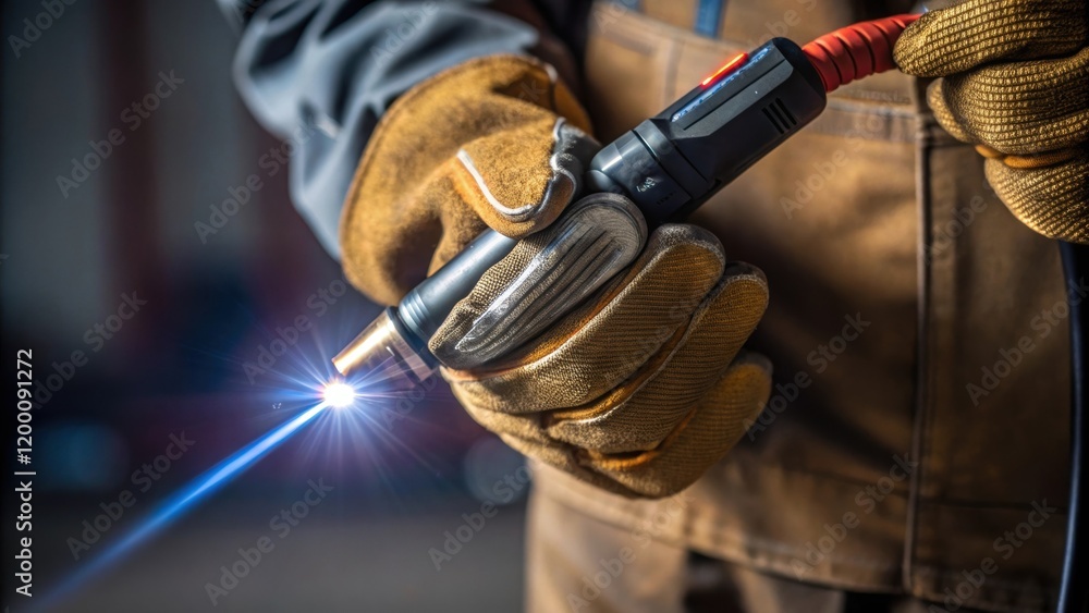 Poster Closeup of a workers gloved hand gripping the plasma ters trigger with the glowing tip in sharp focus showcasing the intricate details of protective gear and equipment.