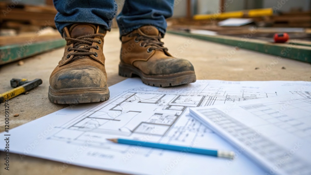 Poster closeup of a workers boots stepping over blueprints and plans spread on the ground symbolizing the c