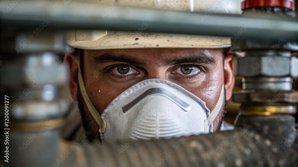 Poster closeup of a workers face partially covered by a dust mask showing concentration and determination a