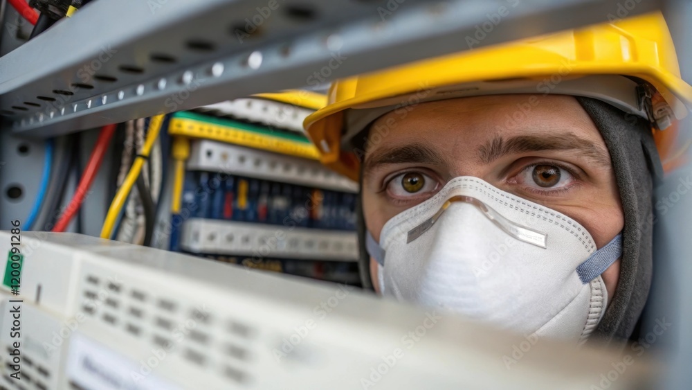 Aufkleber closeup of a workers face partially covered by a safety mask eyes concentrated on assembling electri