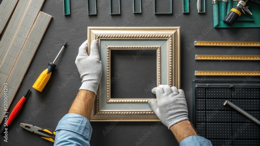 Aufkleber Closeup of a workers gloved hands applying adhesive to a frame with a backdrop of stacked modular components and tools emphasizing the importance of each action in the construction