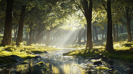 Serene Forest Stream, Sunlight Filtering Through Trees
