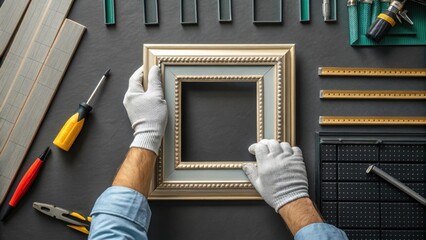 Closeup of a workers gloved hands applying adhesive to a frame with a backdrop of stacked modular components and tools emphasizing the importance of each action in the construction