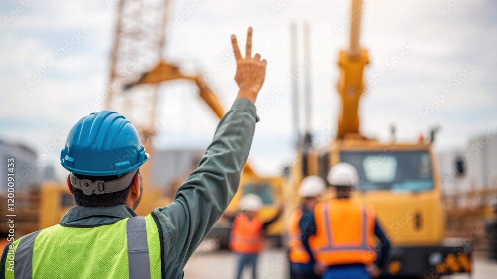 Poster Closeup of a worker signaling the mobile crane operator captured midaction emphasizing communication and teamwork on the construction site.