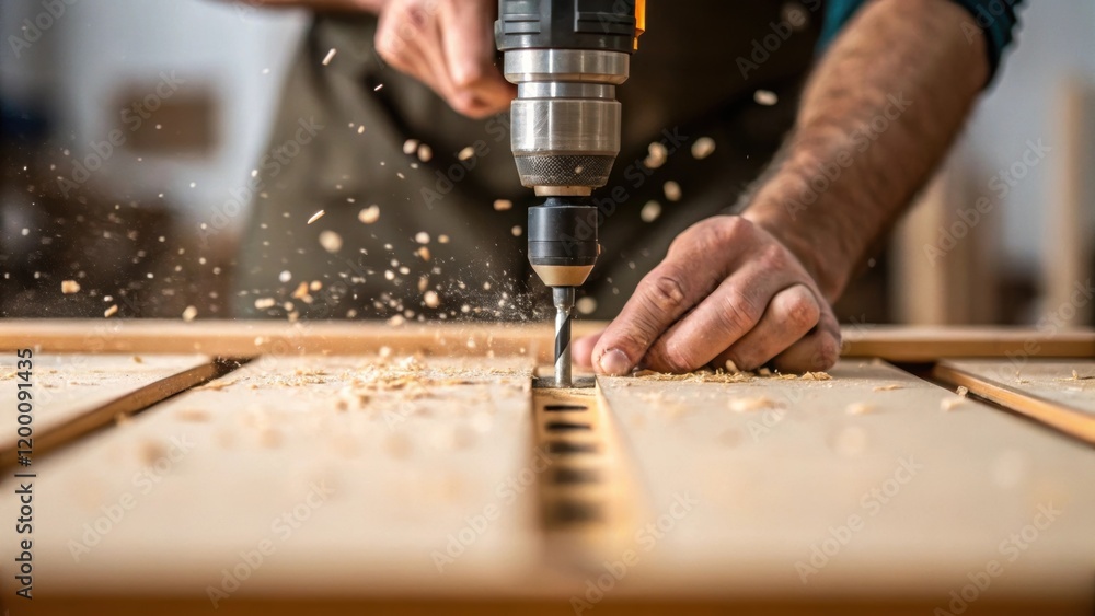 Poster closeup of a workers hands using a pneumatic drill to attach floor panels showcasing the tools intri
