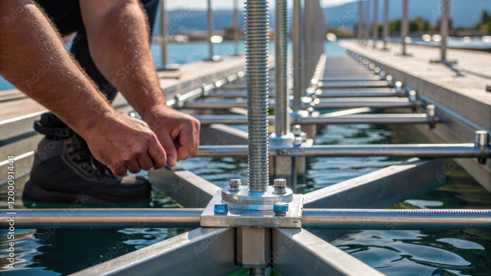 Poster closeup of a workers hands tightening bolts on a floating dock framework showcasing the detail of th