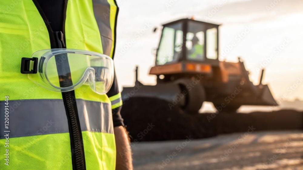 Poster closeup of a workers reflective vest and safety goggles with the steamrollers silhouette in the back