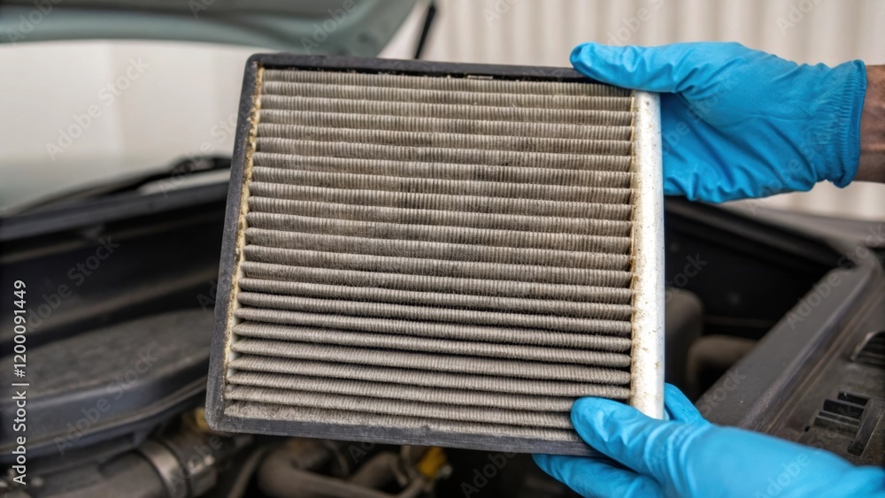 Poster closeup of a worn air filter being removed from an industrial compressor showing the accumulation of