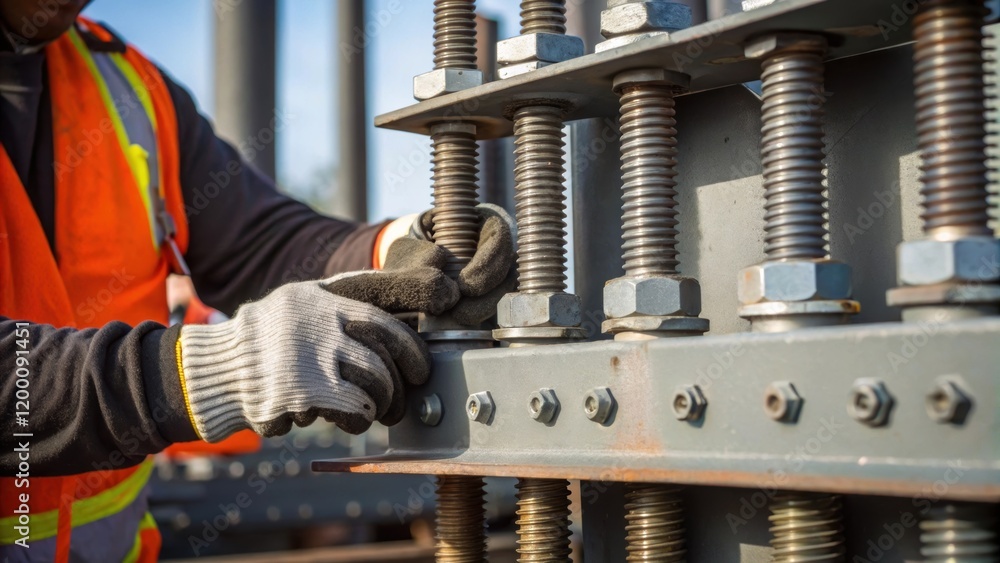 Poster closeup of a workers hands tightening bolts on a metal frame that supports heavy transformers showca
