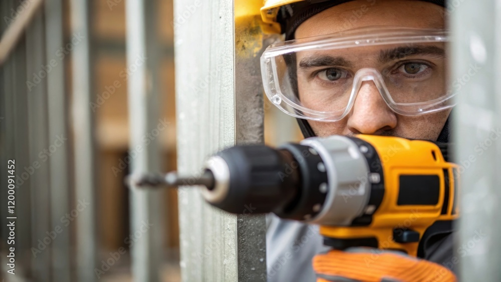 Poster Closeup of a worker wearing safety goggles intently using a power drill to secure a partition wall emphasizing the importance of safety in construction.