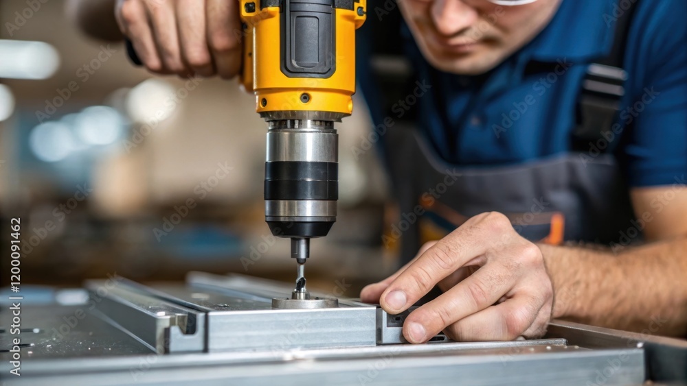 Aufkleber Closeup of a worker using a handheld power tool focusing on the precise movement and technique needed to secure a component illuminating skill and expertise in their craft.