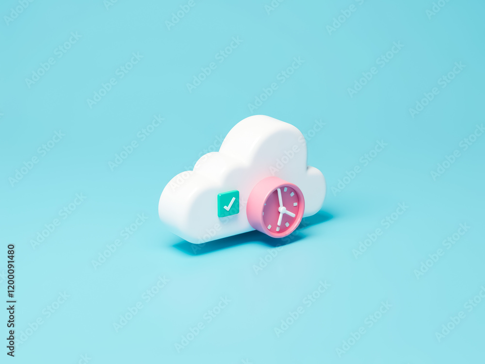 Poster 3d cloud with a pink clock and teal checkmark symbolizing efficient time management