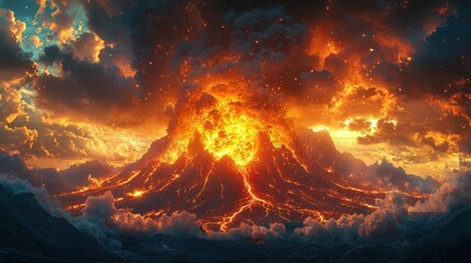 A fiery volcano erupts spewing lava and ash into a dramatic sky. Ideal for fantasy art, book covers, or game backgrounds.