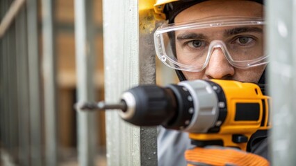 Closeup of a worker wearing safety goggles intently using a power drill to secure a partition wall emphasizing the importance of safety in construction.