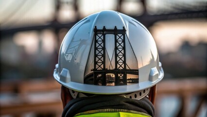 Closeup of a workers safety helmet reflecting the silhouette of the bridge supports symbolizing the intersection of personal safety and structural integrity.