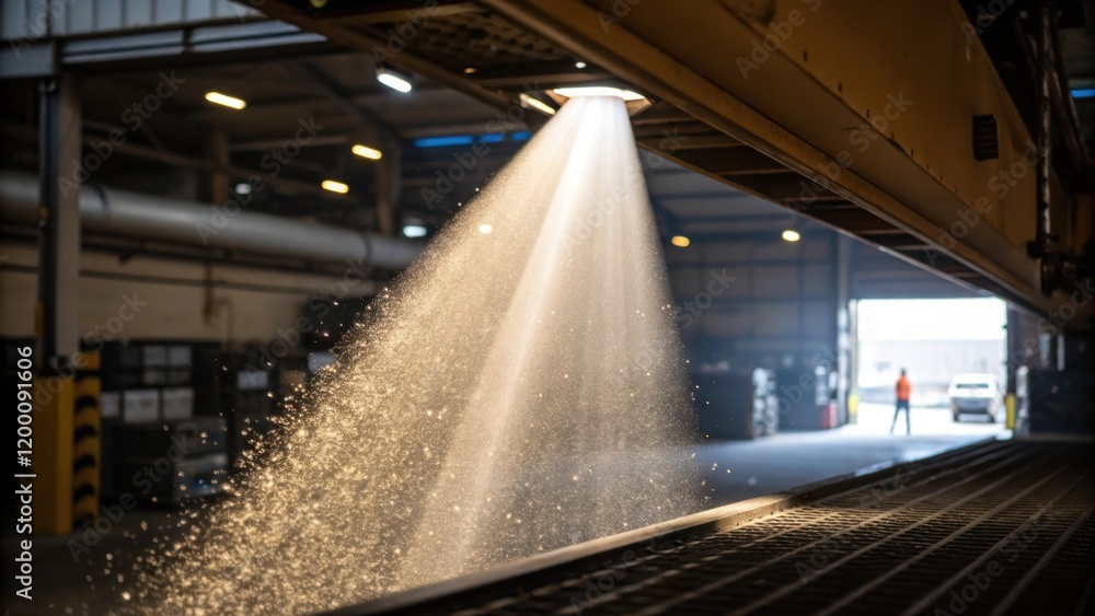 Poster Closeup of dust particles illuminated in a beam of light symbolizing the purpose of the air filtration system being installed in the factory setting.
