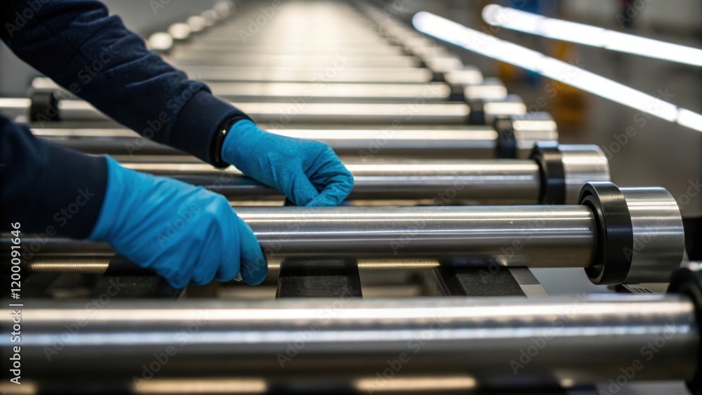 Poster closeup of gloved hands connecting a series of rollers the metallic sheen reflecting overhead fluore