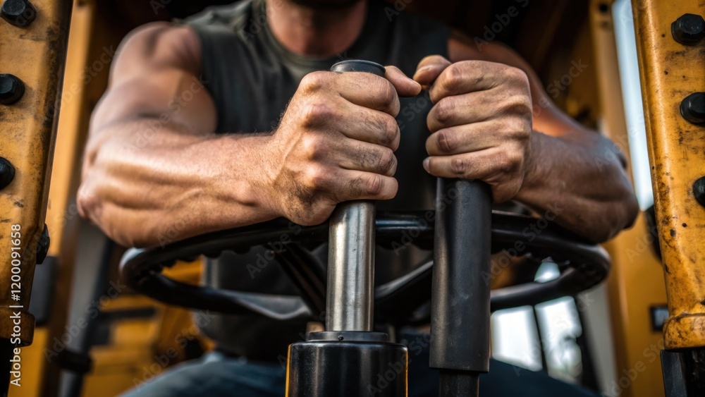 Poster closeup of hands gripping a heavy control lever on a pile driver with the operators forearms straini