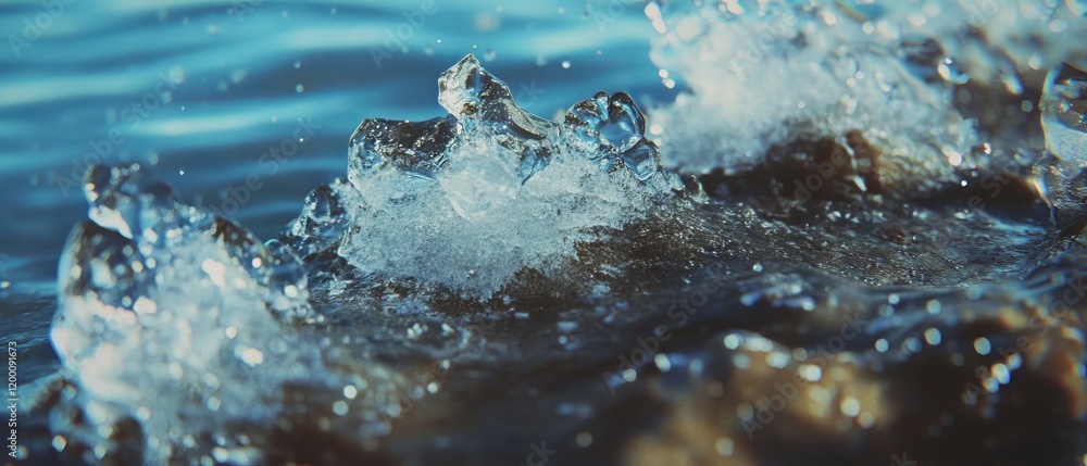 Aufkleber Captivating display of ice textures and patterns glistening in the sunlight over a tranquil stream
