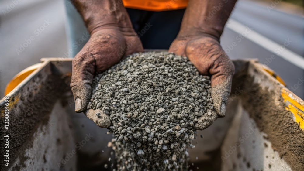 Poster Closeup of hands pouring aggregate into a mixer with asphalt clinging to the mixture showcasing the texture and materials involved in highway repairs.