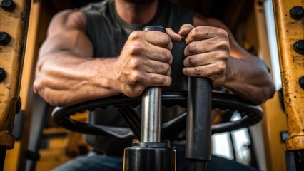 Closeup of hands gripping a heavy control lever on a pile driver with the operators forearms straining showing the exertion and concentration required for the task.