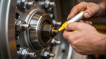 Fototapeta premium Closeup of hands applying lubricant to pivot points of a heavy machine demonstrating maintenance and the importance of operational efficiency.