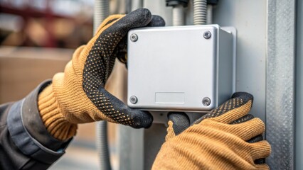 Closeup of hands installing a safety cover on an electrical junction box emphasizing the contrasting smooth surface of the metal and the textured grip of the workers gloves.