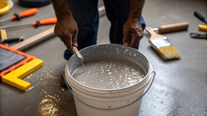 Fototapeta premium Closeup of hands mixing a batch of industrial flooring adhesive in a bucket with glistening droplets of the mixture catching the light surrounded by tools.