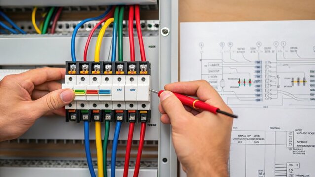 Closeup of electrical wiring being installed on a control panel hands deftly connecting colorcoded wires with schematic diagrams pinned nearby for reference.