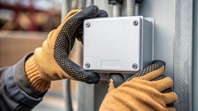 Closeup of hands installing a safety cover on an electrical junction box emphasizing the contrasting smooth surface of the metal and the textured grip of the workers gloves.