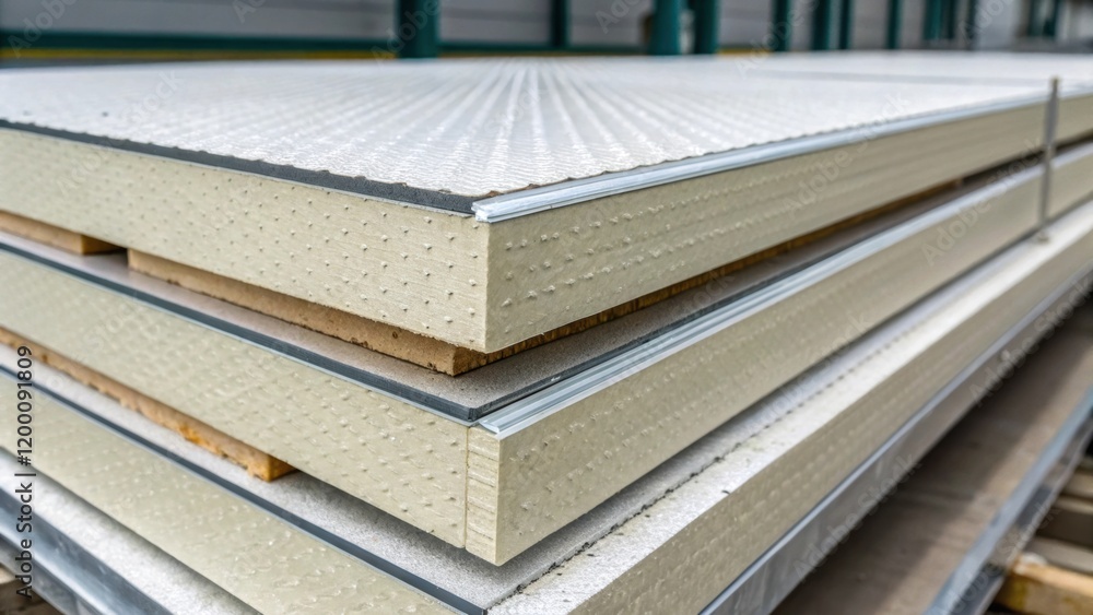 Poster closeup of insulated panels being fitted together showcasing the textured surface and precision manu