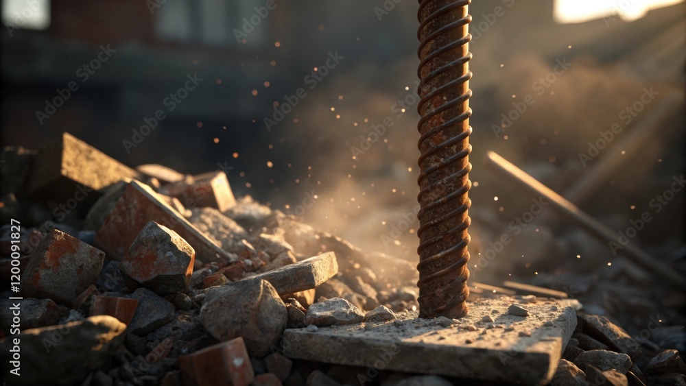 Aufkleber closeup of jagged rebar sticking out from a pile of shattered bricks and concrete glinting in the af