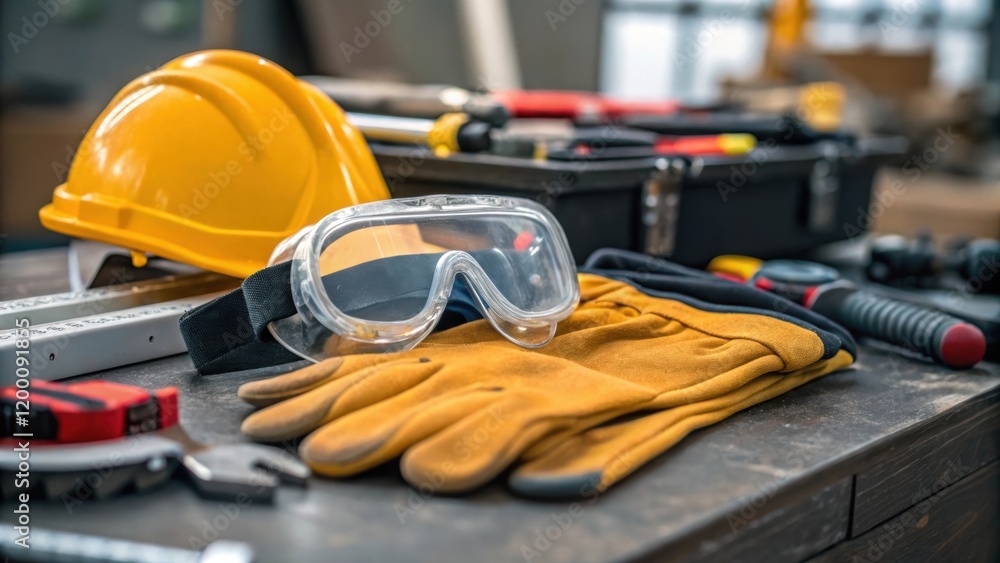 Poster closeup of protective gear such as gloves and goggles lying on a workbench symbolizing safety measur