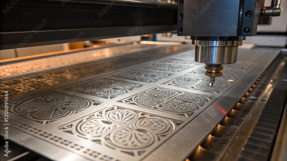 Aufkleber Closeup of intricate ting work on a CNC machine with patterns carved into a metal sheet showcasing advanced technology used in modern kitchen fabrication.