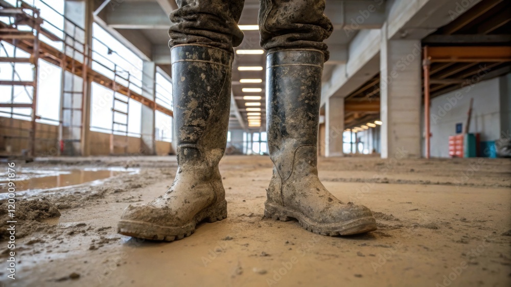 Poster Closeup of mudcaked boots standing on an unfinished floor of a modular power station symbolizing the challenging conditions faced during construction in remote areas.