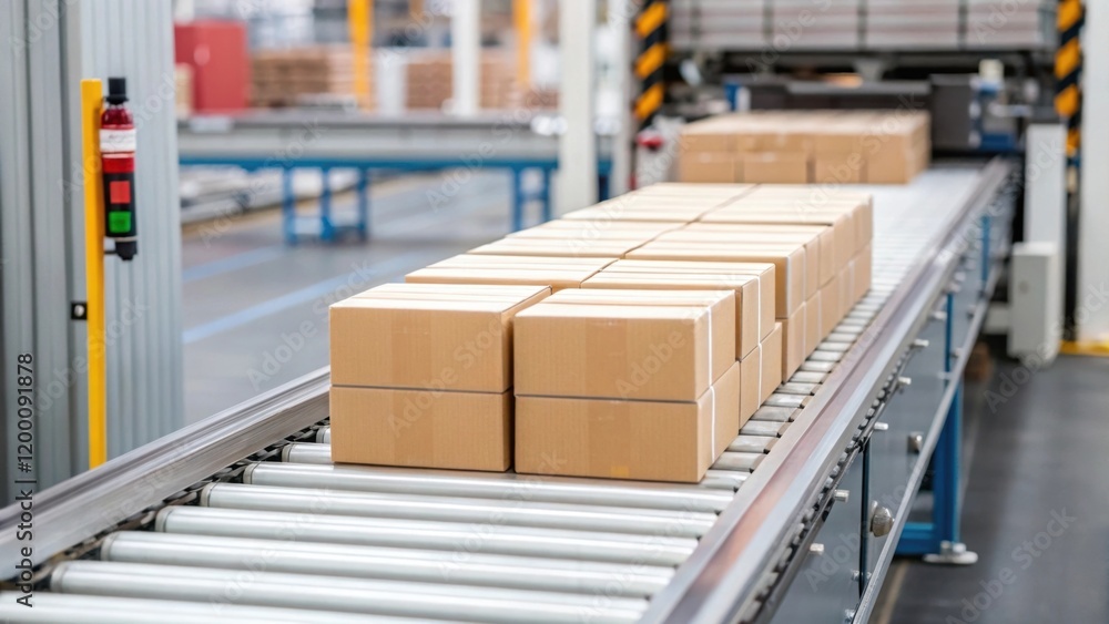 Aufkleber Closeup of packaged products moving toward the automated palletizing area on a conveyor showing the speed and efficiency of the process in motion.