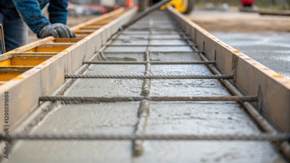 Poster Closeup of reinforced concrete being poured into molds with the worker expertly smoothing the surface demonstrating the construction techniques used for stability.