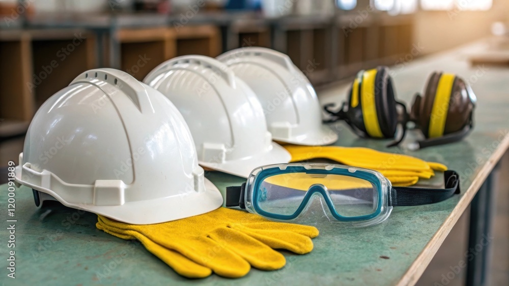 Poster closeup of safety equipment including helmets goggles and gloves neatly arranged on a table indicati