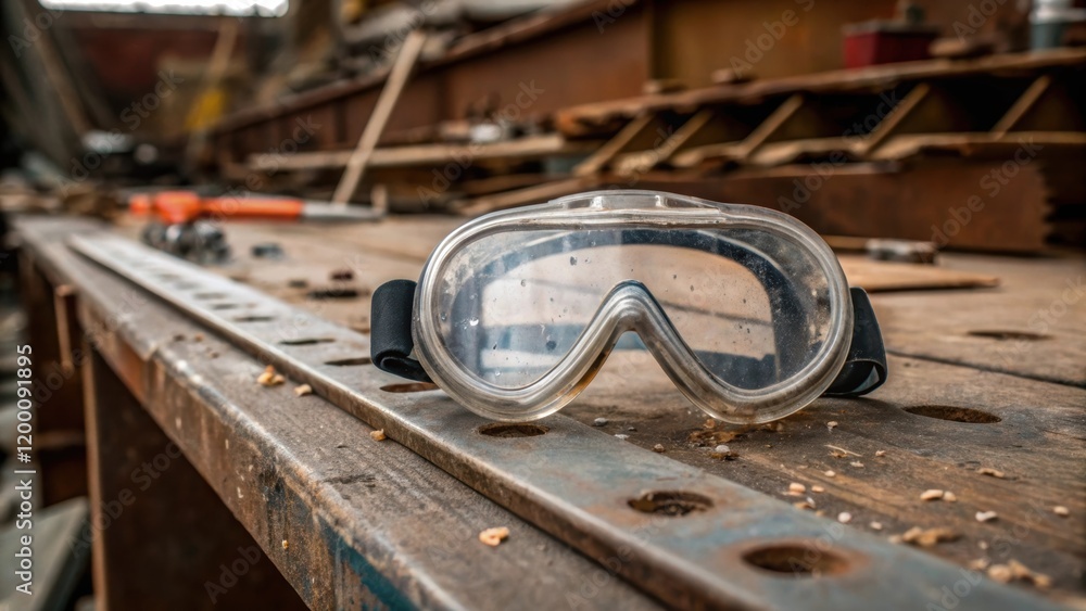 Aufkleber closeup of protective goggles resting on a shipyard workers forehead with metal shavings and ship pa