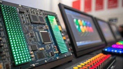Obraz premium Closeup of LED display components highlighting the intricate circuit boards and colorful diodes revealing the technology behind the vibrant screens.