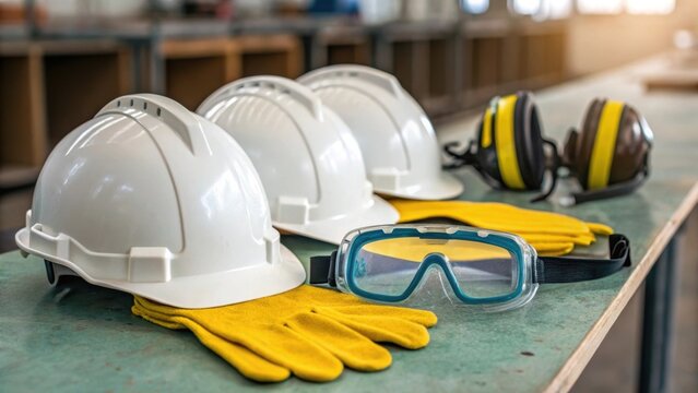 Closeup of safety equipment including helmets goggles and gloves neatly arranged on a table indicating the emphasis on safety for workers on the construction site.