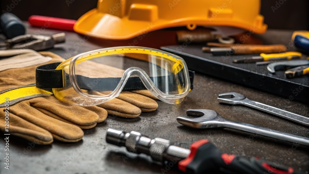 Aufkleber Closeup of safety goggles and gloves on a workbench with elements of machinery and construction tools tered around emphasizing safety protocols.