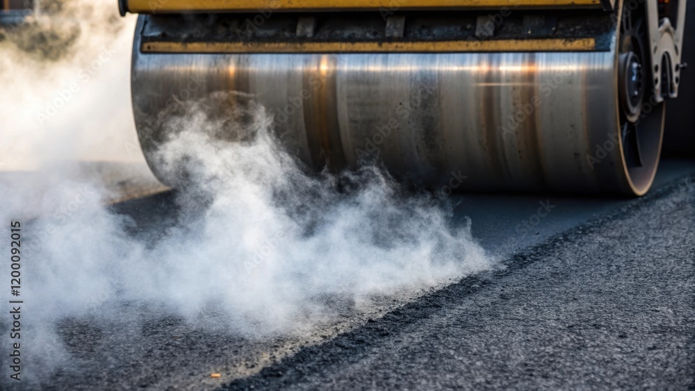 Poster closeup of steam rising from the hot asphalt as the steamroller presses down illustrating the intera
