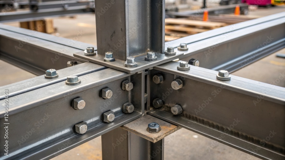 Poster closeup of steel beams connecting two modular units emphasizing the intricate welding and bolting re