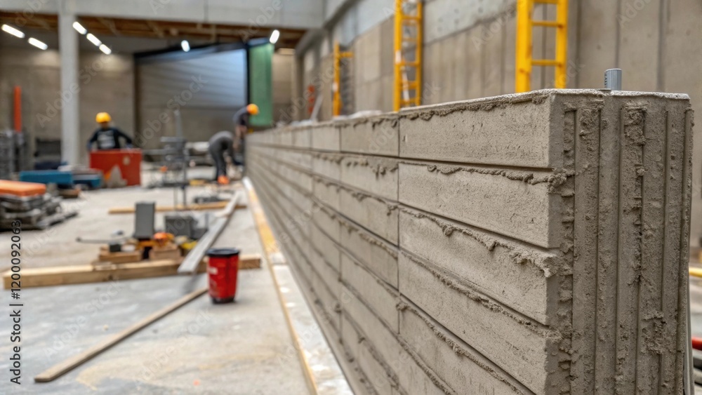 Poster closeup of textured concrete walls rising taking shape with tools and equipment tered around reveali