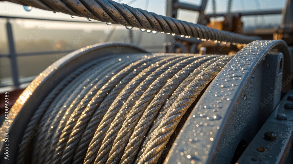 Poster closeup of steel cables and pulleys on the crane glistening with morning dew emphasizing the structu