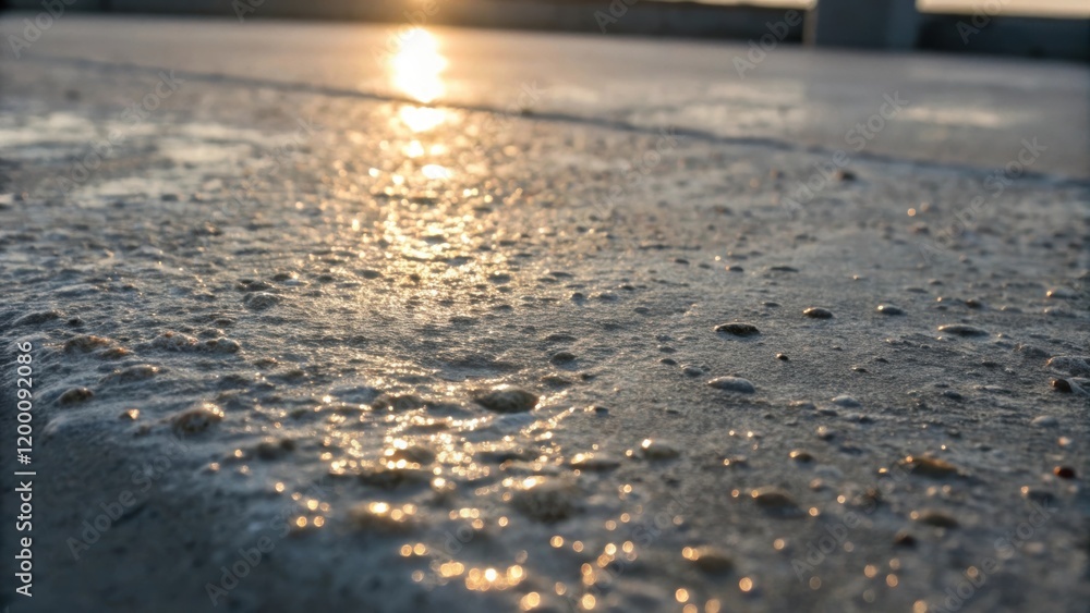 Poster Closeup of the concretes surface reflecting sunlight as it begins to set with fine aggregates and air bubbles visible in the mix highlighting the materials composition.