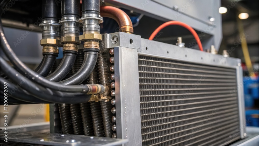 Aufkleber closeup of the cooling system integrated into a robotic welding unit showing tubes and fins with con