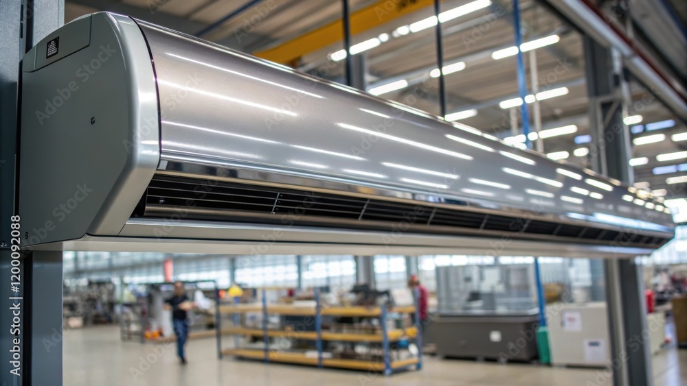 Poster closeup of the air curtains sleek metallic surface reflecting the surrounding factory environment em